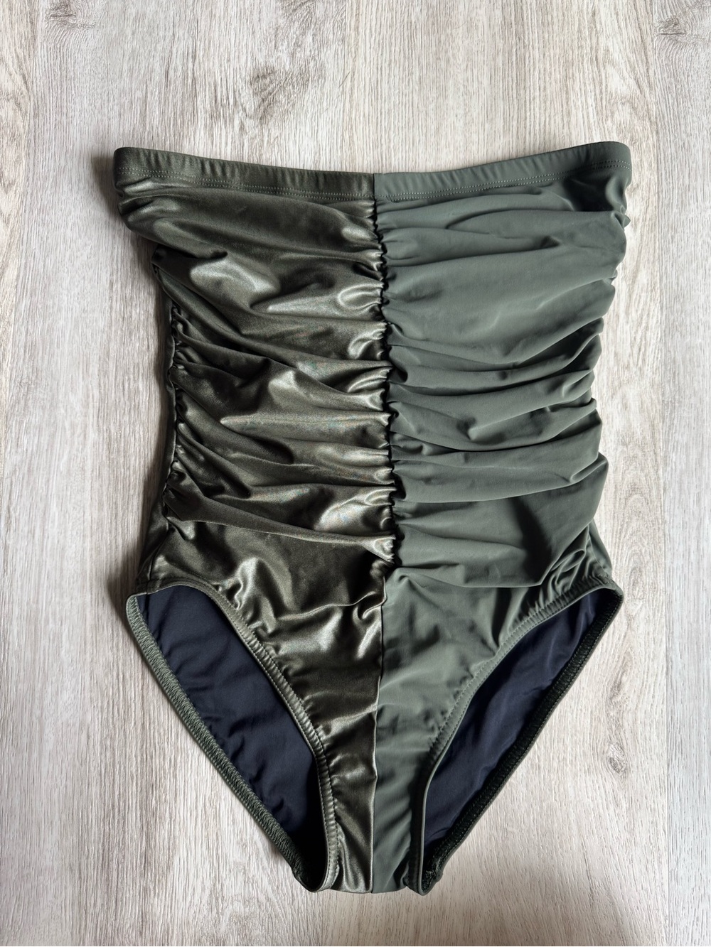 Karla Colletto Olive Green Gathered Ruched Bandeau One Piece Swimsuit Sz8- SMALL